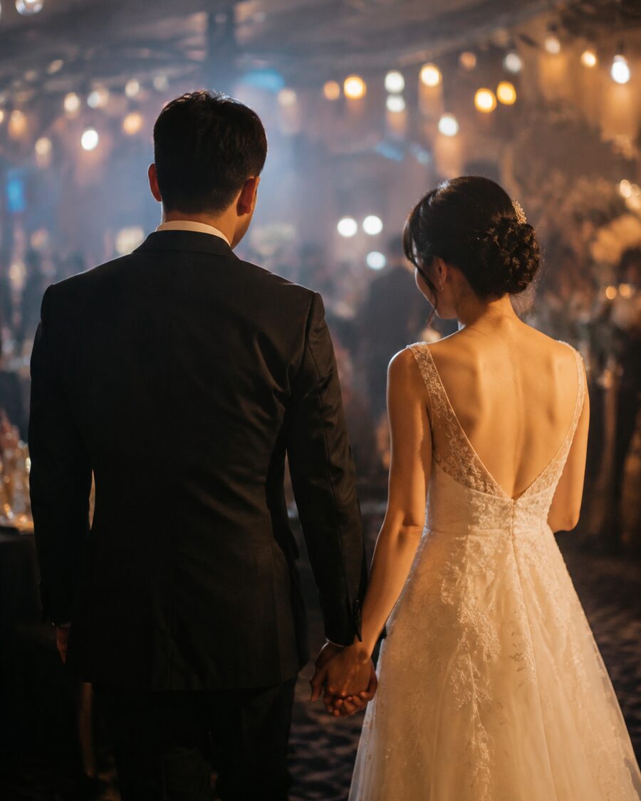 Wedding film, warm reception bokeh